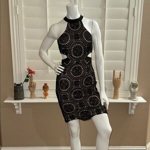 L'ATISTE Cut Out Crochet Knit Halter Mini Dress Black Nude